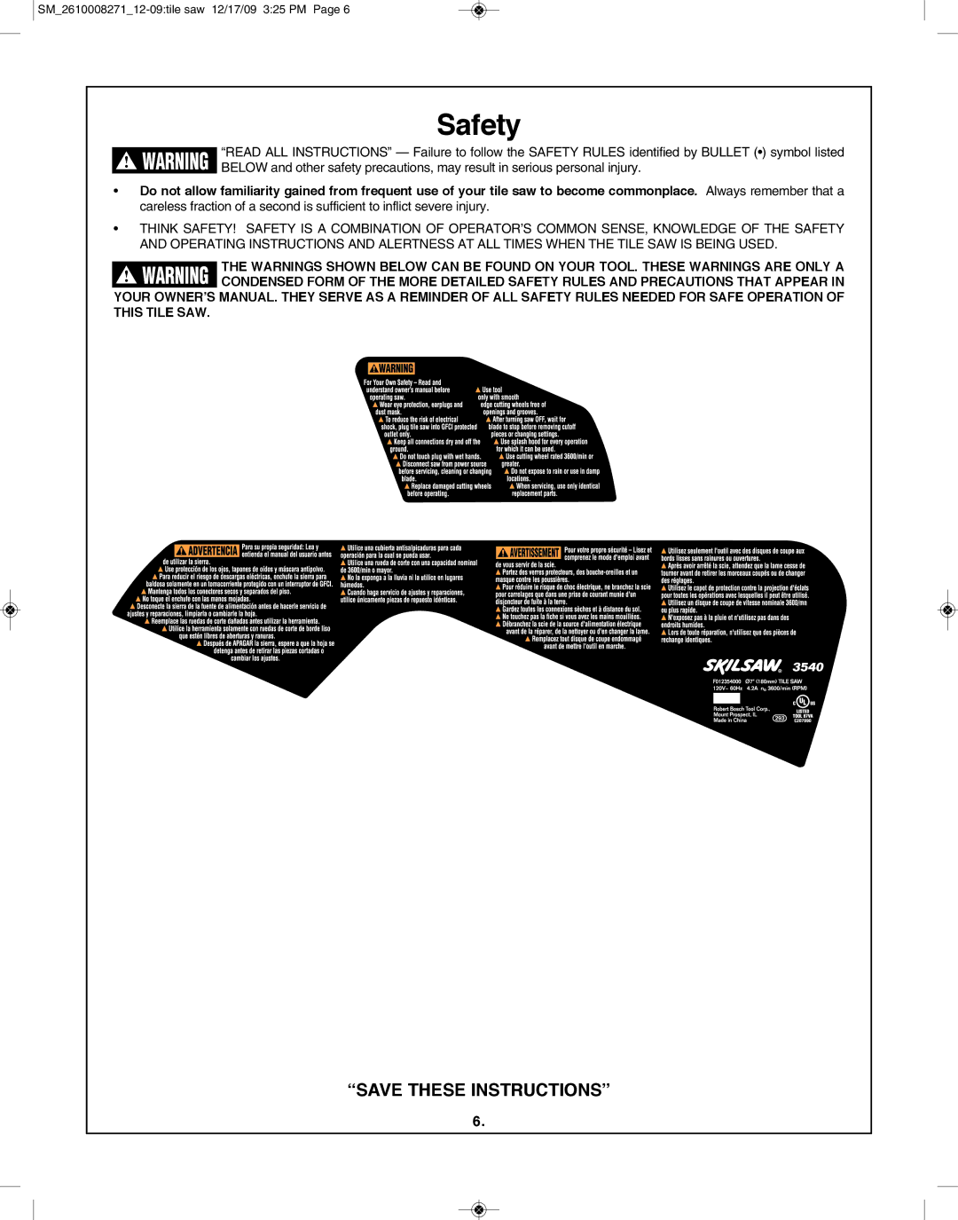 Bosch Appliances 3540 manual Safety 