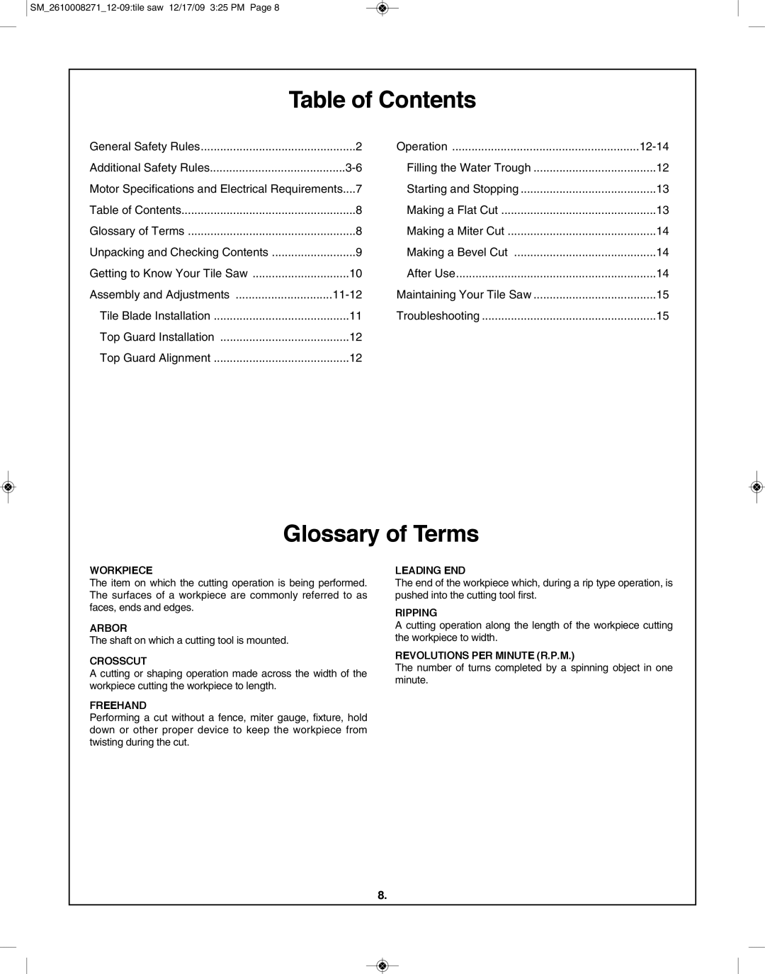 Bosch Appliances 3540 manual Table of contents, Glossary of Terms 