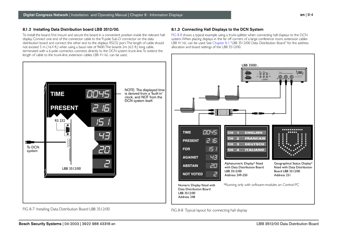 Bosch Appliances 3922 988 43318 Installing Data Distribution board LBB 3512/00, Connecting Hall Displays to the DCN System 