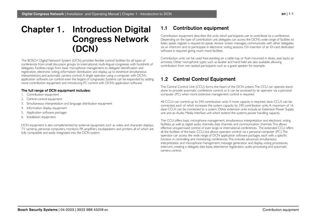 Bosch Appliances 3922 988 43318 manual Introduction Digital Congress Network DCN, Contribution equipment 