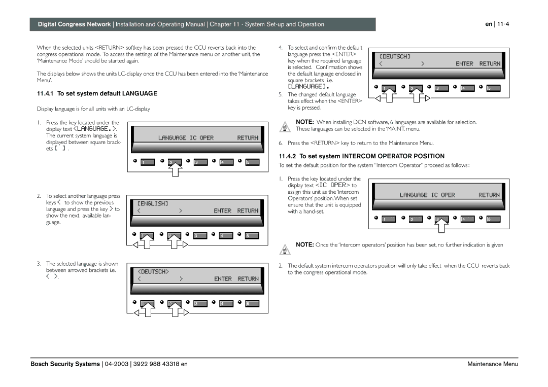 Bosch Appliances 3922 988 43318 manual To set system default Language, To set system Intercom Operator Position 