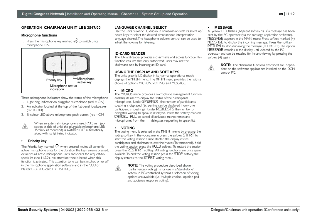 Bosch Appliances 3922 988 43318 manual Priority key Active key Microphone status indication, Microphones from 