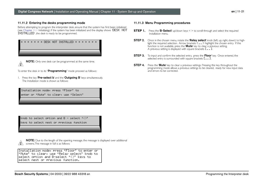 Bosch Appliances 3922 988 43318 manual Entering the desks programming mode, Menu Programming procedures 