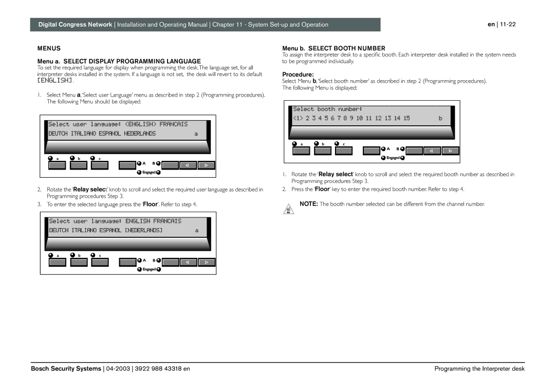 Bosch Appliances 3922 988 43318 manual Menu a. Select Display Programming Language, Menu b. Select Booth Number, Procedure 