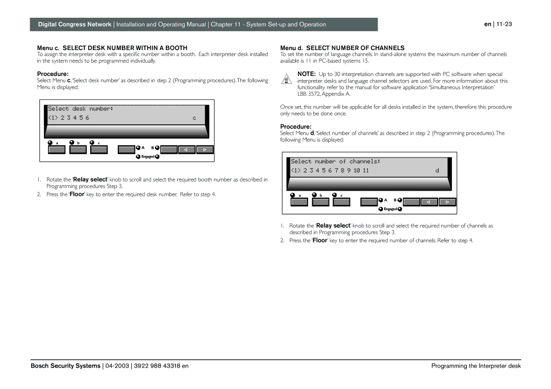 Bosch Appliances 3922 988 43318 manual Menu c. Select Desk Number Within a Booth, Menu d. Select Number of Channels 