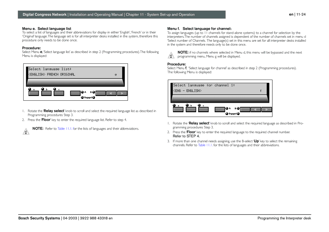 Bosch Appliances 3922 988 43318 manual Menu e. Select language list, Menu f. Select language for channels, Refer to Step 