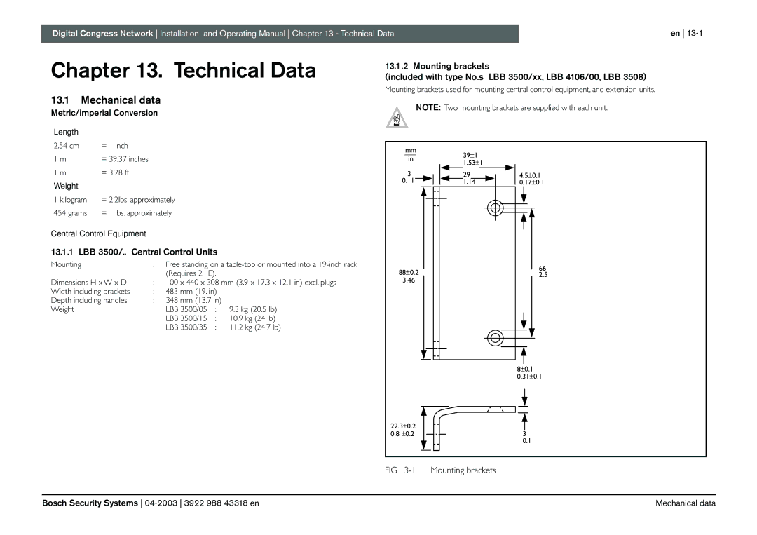 Bosch Appliances 3922 988 43318 manual Technical Data, Mechanical data, Metric/imperial Conversion 