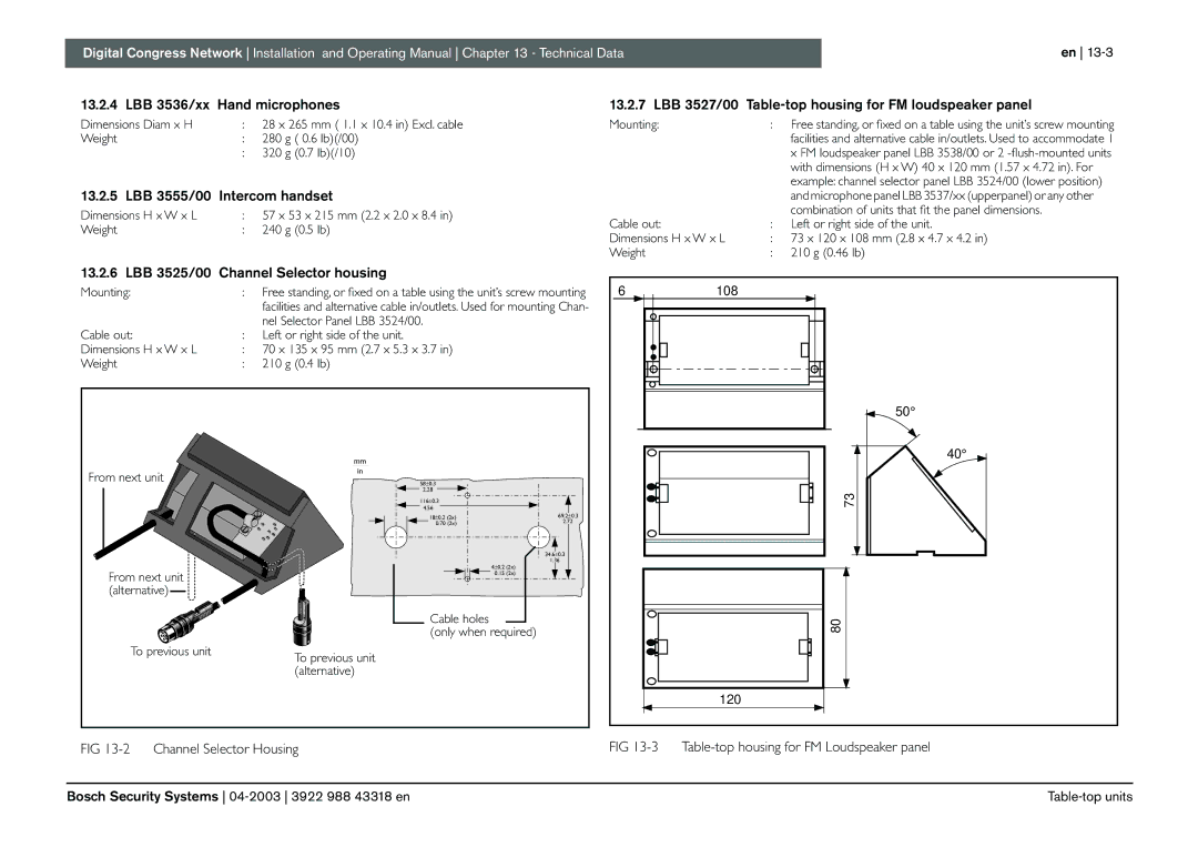 Bosch Appliances 3922 988 43318 manual LBB 3536/xx Hand microphones, LBB 3555/00 Intercom handset, Channel Selector Housing 