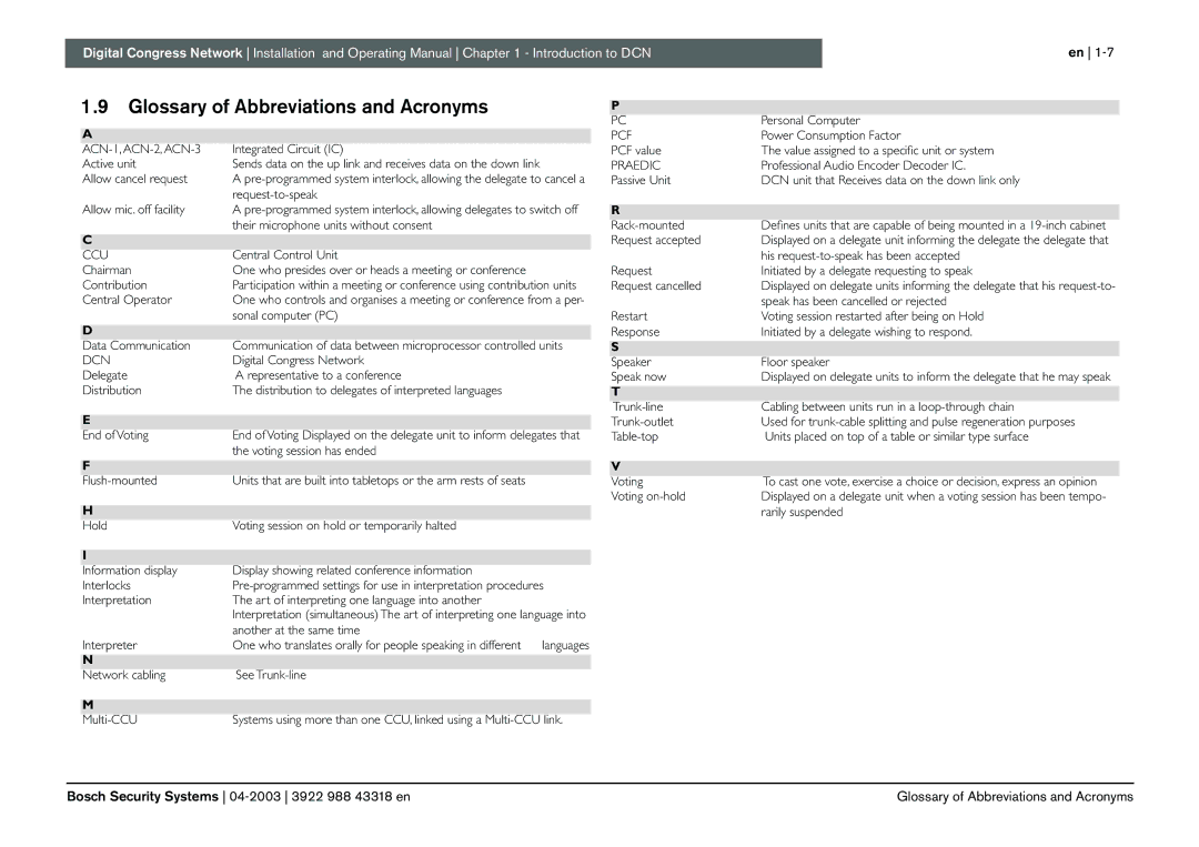 Bosch Appliances 3922 988 43318 manual Glossary of Abbreviations and Acronyms, Ccu, Dcn, Pcf, Praedic 