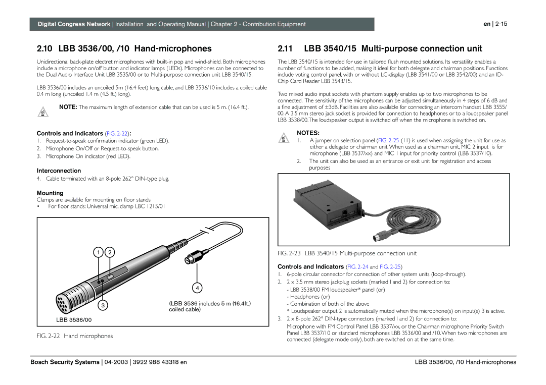 Bosch Appliances 3922 988 43318 manual LBB 3536/00, /10 Hand-microphones, LBB 3540/15 Multi-purpose connection unit 