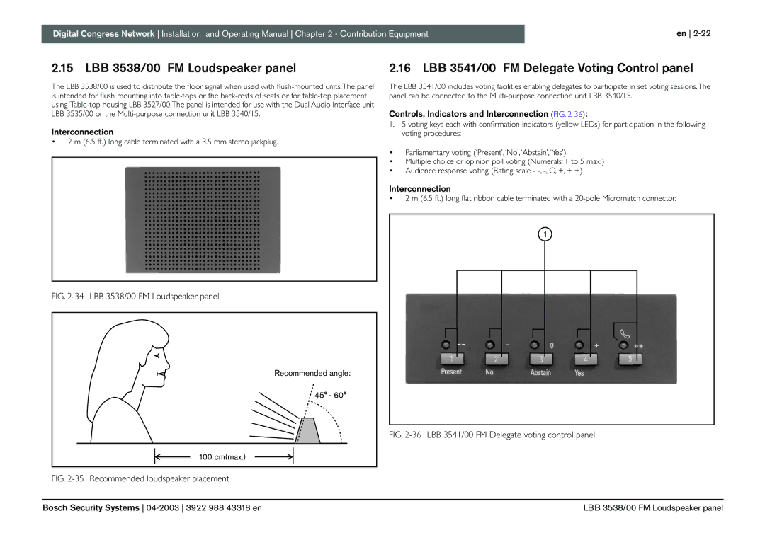 Bosch Appliances 3922 988 43318 manual LBB 3538/00 FM Loudspeaker panel, LBB 3541/00 FM Delegate Voting Control panel 