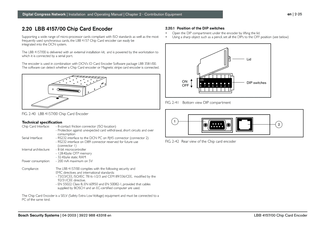 Bosch Appliances 3922 988 43318 manual LBB 4157/00 Chip Card Encoder, Position of the DIP switches 