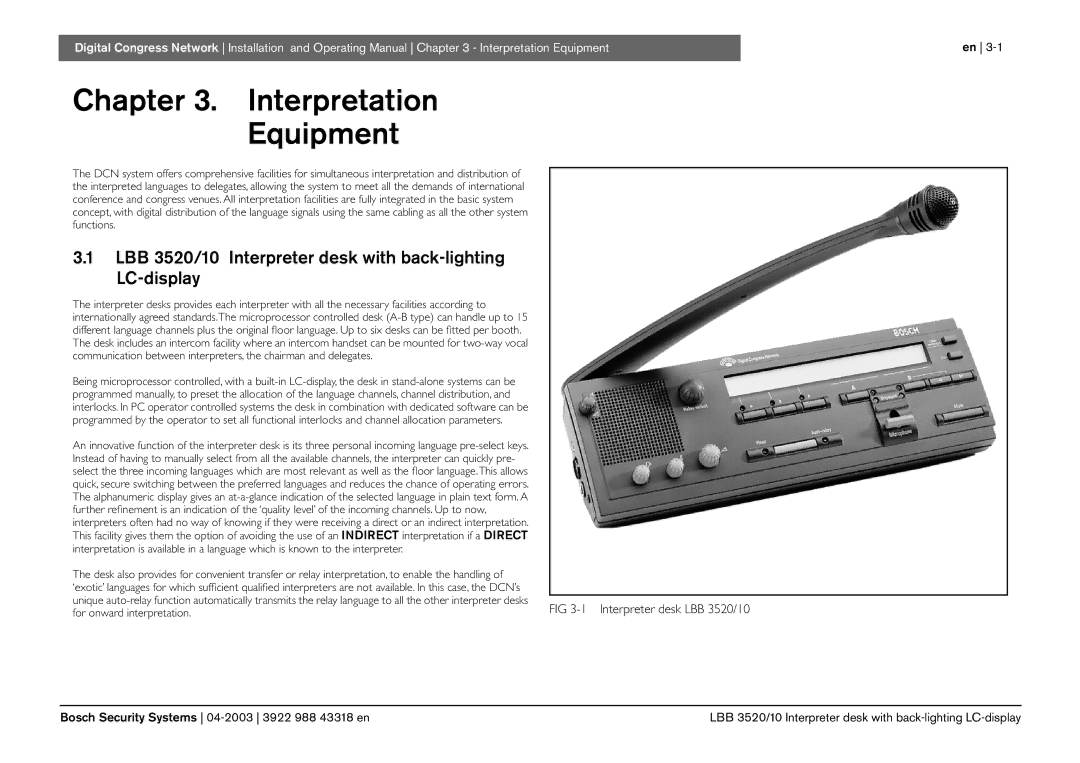 Bosch Appliances 3922 988 43318 manual Interpretation Equipment, LBB 3520/10 Interpreter desk with back-lighting LC-display 