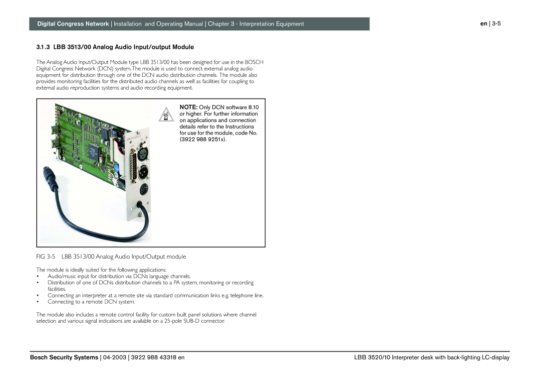 Bosch Appliances 3922 988 43318 LBB 3513/00 Analog Audio Input/output Module, LBB 3513/00 Analog Audio Input/Output module 