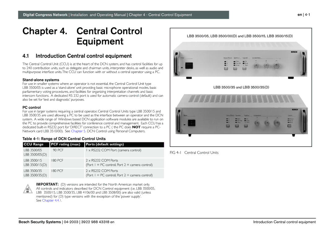 Bosch Appliances 3922 988 43318 Central Control Equipment, Introduction Central control equipment, Stand-alone systems 