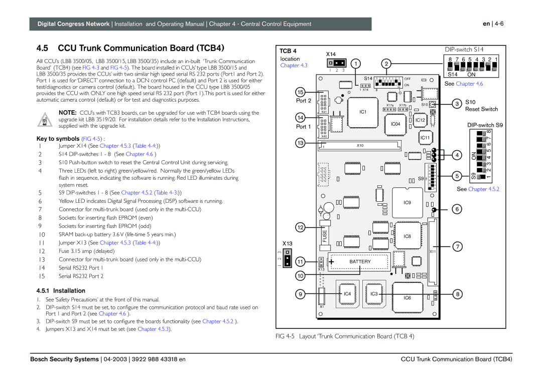 Bosch Appliances 3922 988 43318 manual CCU Trunk Communication Board TCB4, Installation, DIP-switch S14, X14 Location, Port 