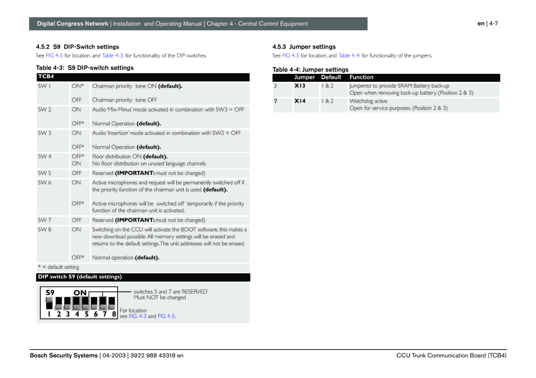 Bosch Appliances 3922 988 43318 manual S9 DIP-switch settings, Jumper settings, Tone on default, X13, X14 