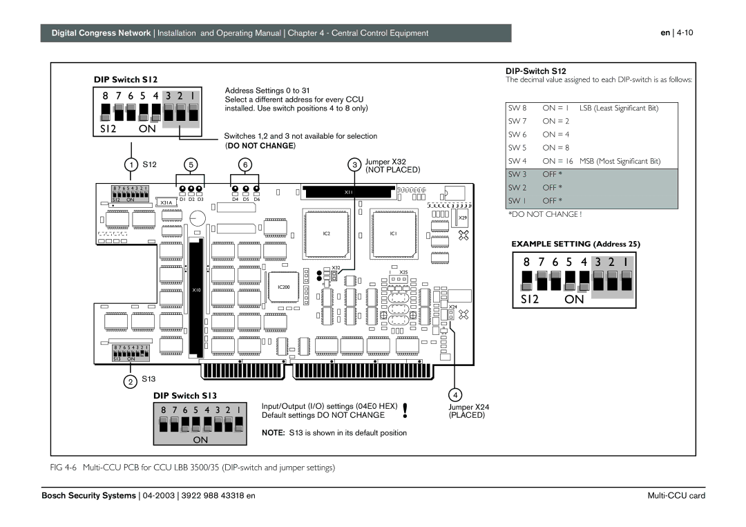 Bosch Appliances 3922 988 43318 manual 6 5 4 3 2 S12 on, Example Setting Address 