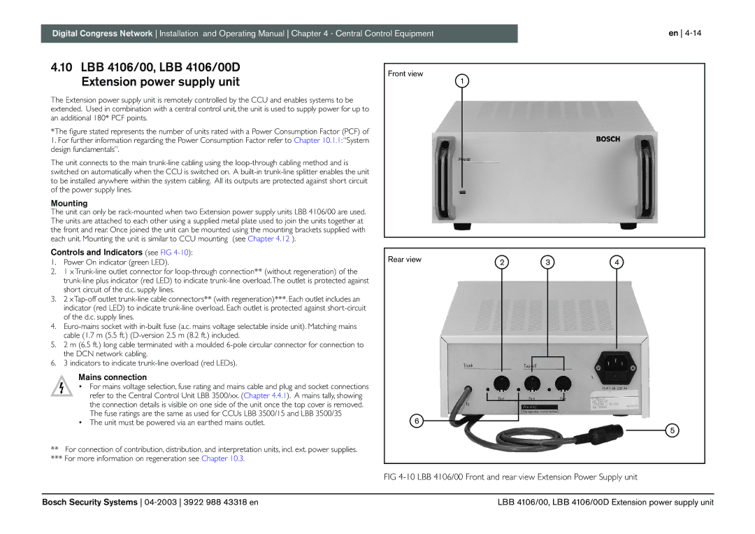 Bosch Appliances 3922 988 43318 manual LBB 4106/00, LBB 4106/00D, Extension power supply unit, Mains connection 