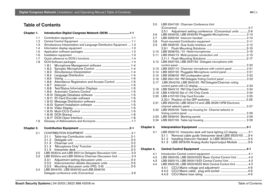 Bosch Appliances 3922 988 43318 manual Table of Contents 