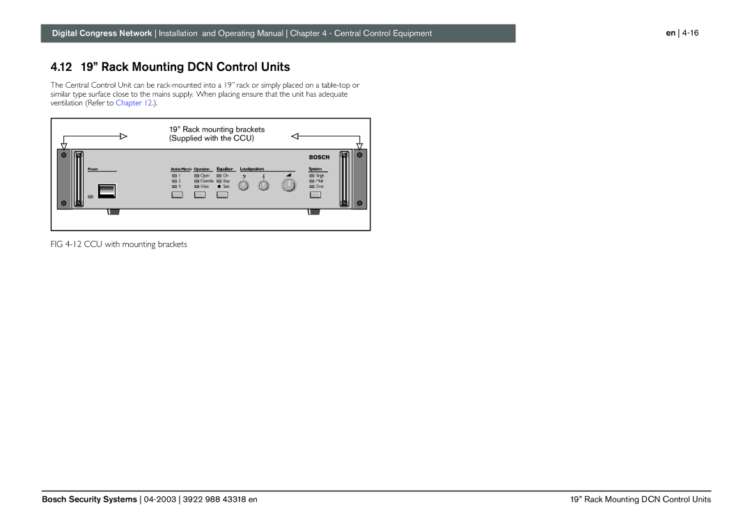 Bosch Appliances 3922 988 43318 manual 12 19 Rack Mounting DCN Control Units, Rack mounting brackets Supplied with the CCU 