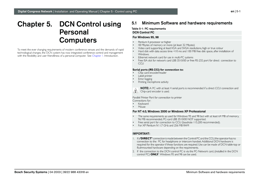 Bosch Appliances 3922 988 43318 manual DCN Control using Personal Computers, Minimum Software and hardware requirements 