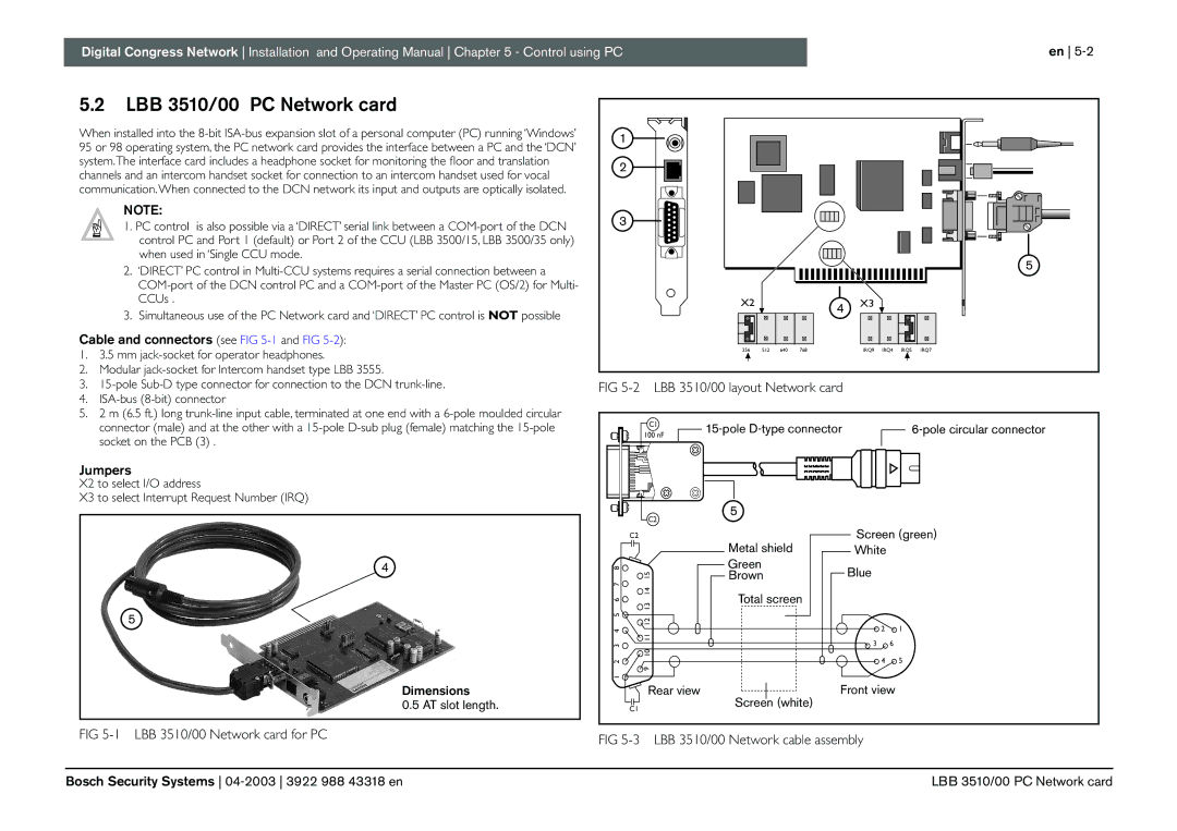 Bosch Appliances 3922 988 43318 manual LBB 3510/00 PC Network card, Cable and connectors see -1and FIG, Jumpers 