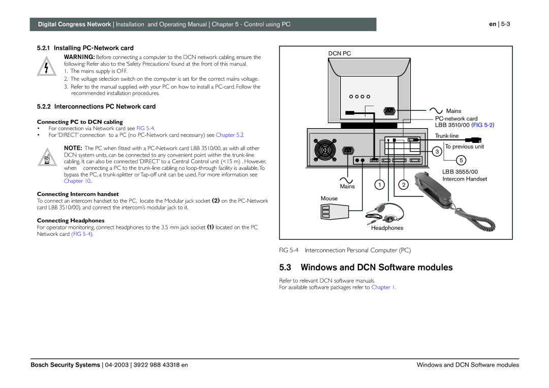 Bosch Appliances 3922 988 43318 manual Windows and DCN Software modules, Installing PC-Network card 