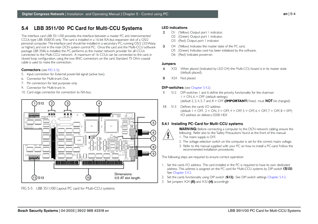 Bosch Appliances 3922 988 43318 LBB 3511/00 PC Card for Multi-CCU Systems, Connectors see FIG, DIP-switches see Chapter 