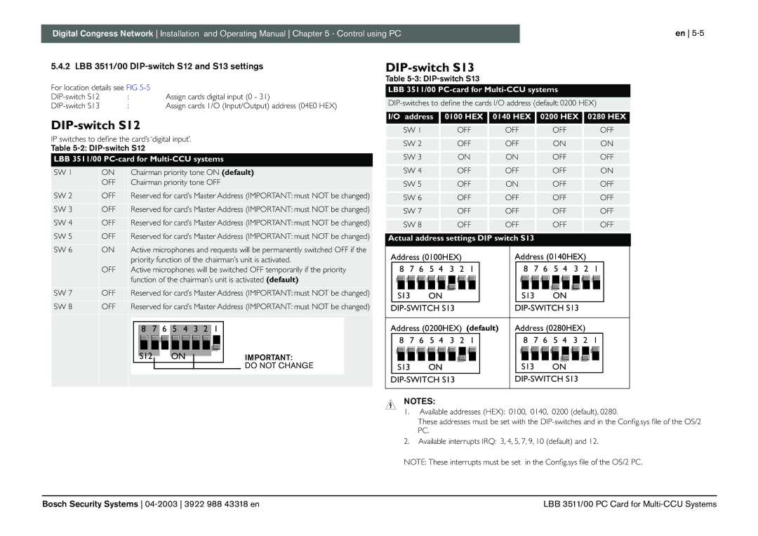 Bosch Appliances 3922 988 43318 manual LBB 3511/00 DIP-switch S12 and S13 settings, Address 0140HEX Address 0100HEX S13 
