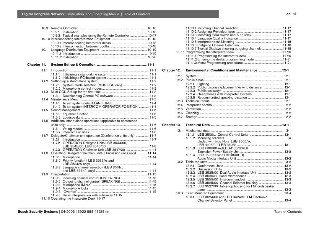 Bosch Appliances 3922 988 43318 manual System Set-up & Operation 11-1, Environmental Conditions and Maintenance 