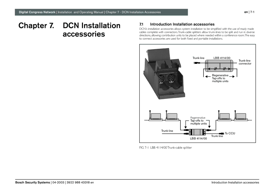 Bosch Appliances 3922 988 43318 DCN Installation accessories, Introduction Installation accessories, Trunk-line connector 