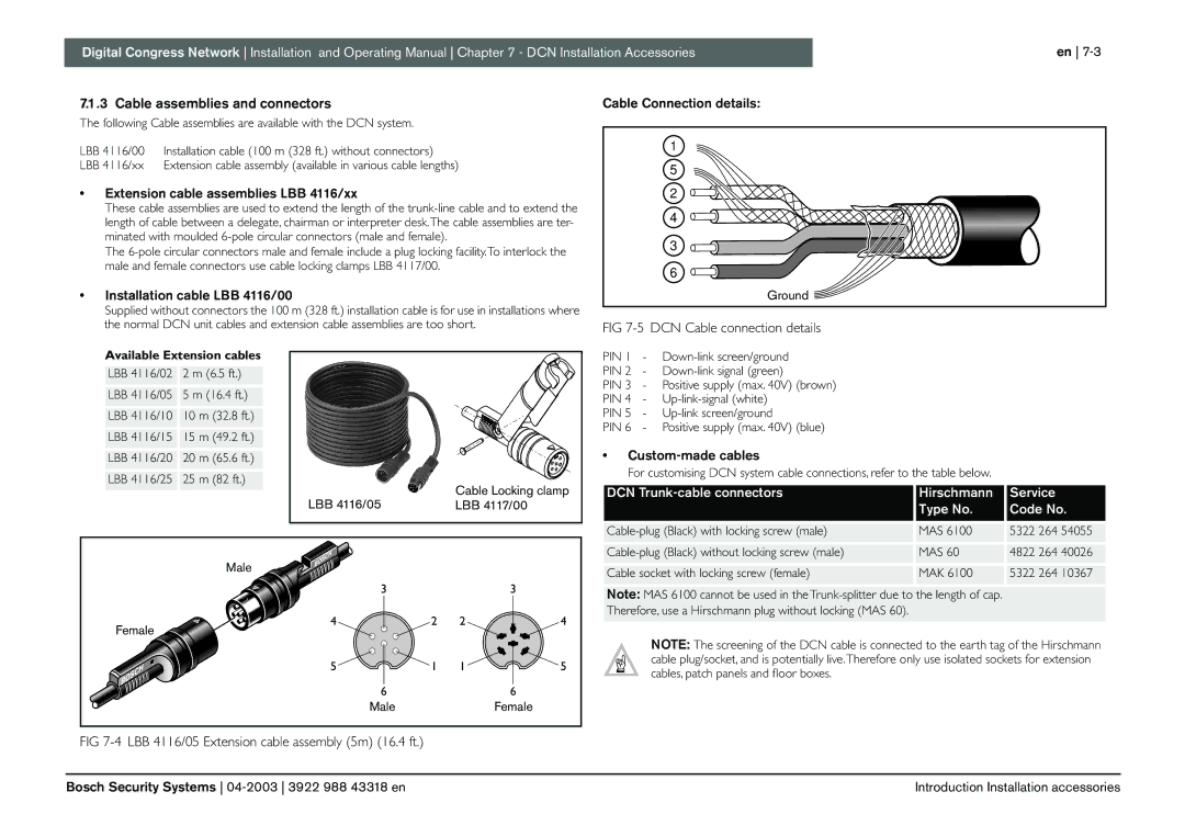 Bosch Appliances 3922 988 43318 manual Cable assemblies and connectors, Extension cable assemblies LBB 4116/xx 