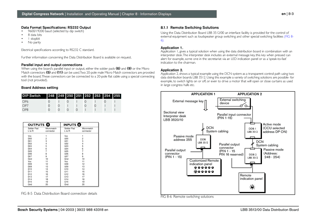 Bosch Appliances 3922 988 43318 Data Format Speciﬁcations RS232 Output, Parallel input and output connections, Application 