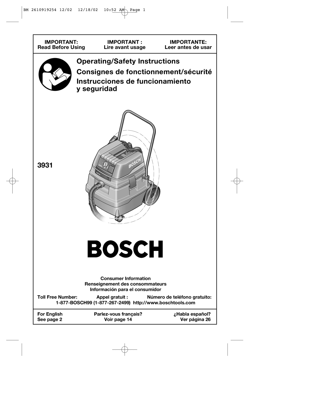 Bosch Appliances 3931 manual Operating/Safety Instructions 