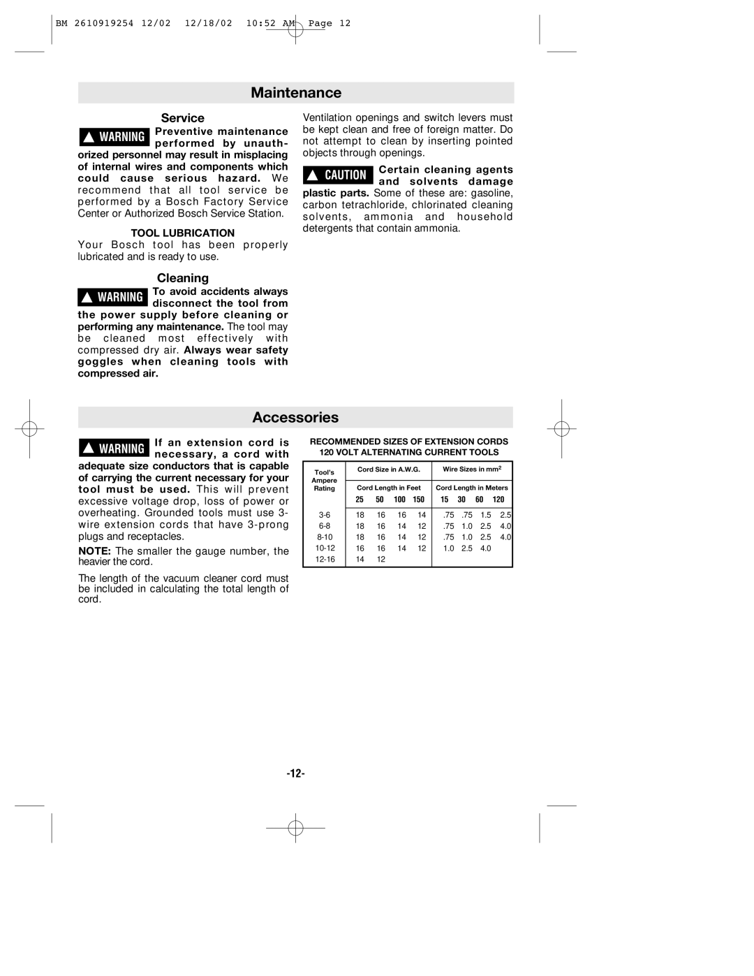 Bosch Appliances 3931 manual Maintenance, Accessories, Tool Lubrication 