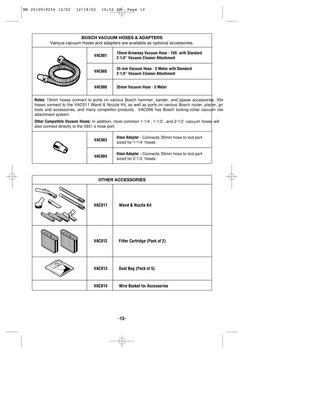 Bosch Appliances 3931 manual Bosch Vacuum Hoses & Adapters, Other Accessories 