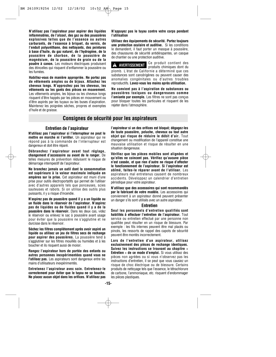 Bosch Appliances 3931 manual Consignes de sécurité pour les aspirateurs, Entretien de l’aspirateur 