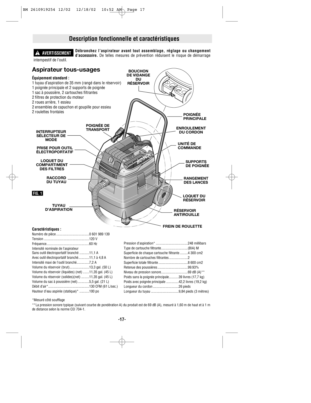 Bosch Appliances 3931 manual Description fonctionnelle et caractéristiques, Aspirateur tous-usages, Intempestif de l’outil 