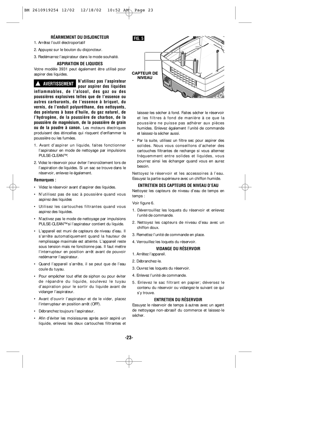 Bosch Appliances 3931 manual Réarmement DU Disjoncteur, Aspiration DE Liquides, Entretien DES Capteurs DE Niveau D’EAU 