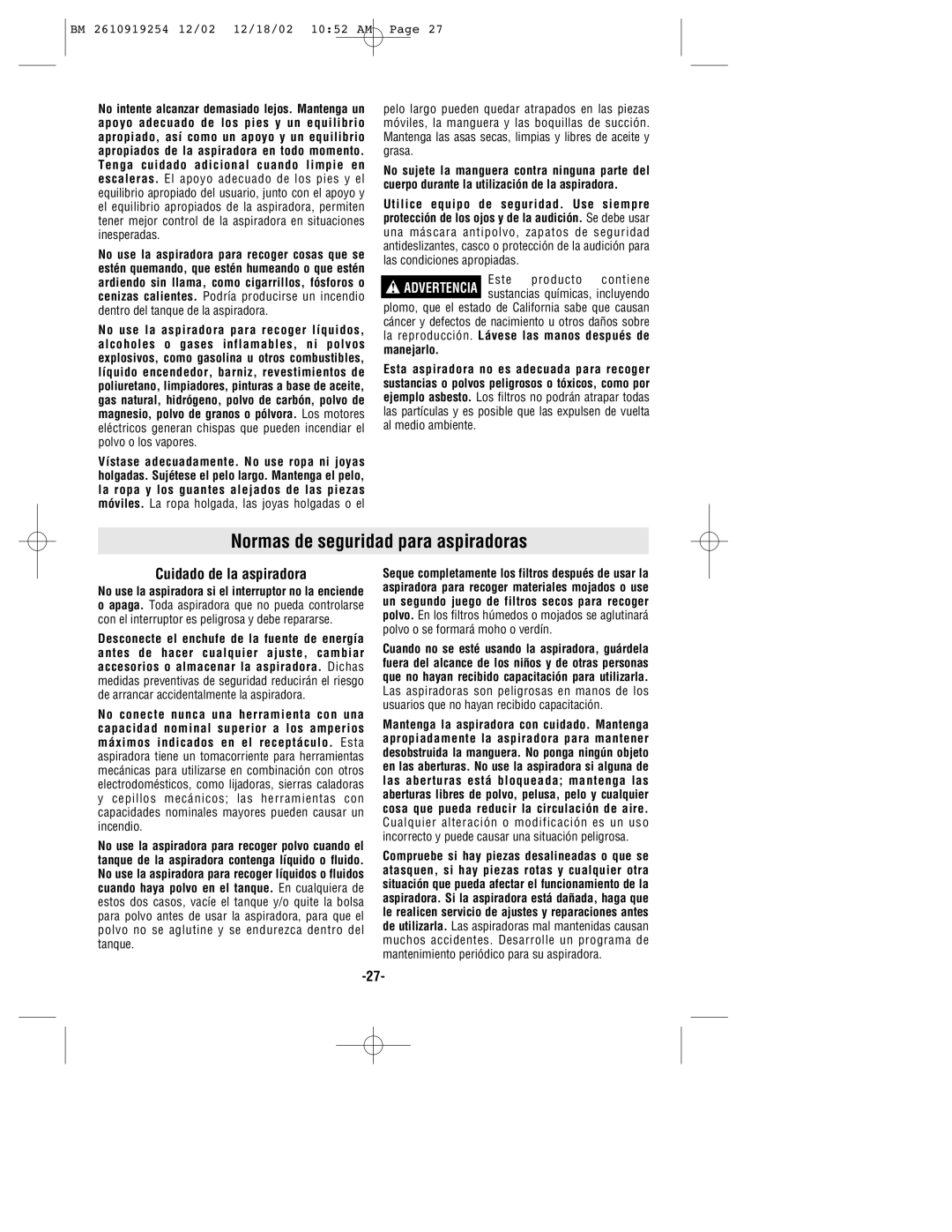 Bosch Appliances 3931 manual Normas de seguridad para aspiradoras, Cuidado de la aspiradora 