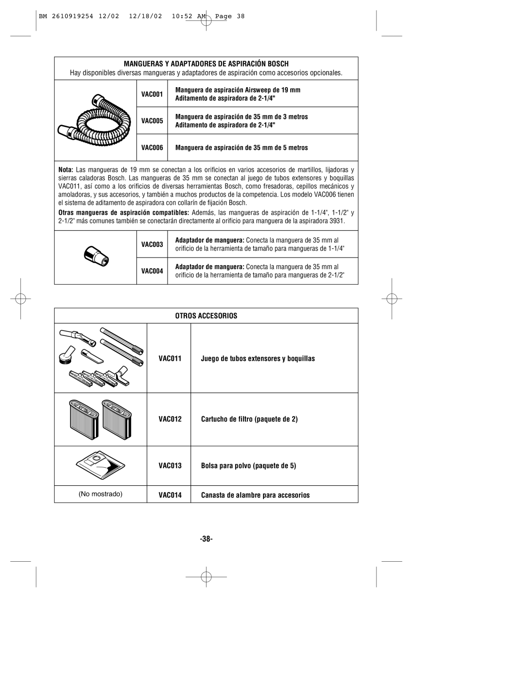 Bosch Appliances 3931 manual Mangueras Y Adaptadores DE Aspiración Bosch, Otros Accesorios, No mostrado 