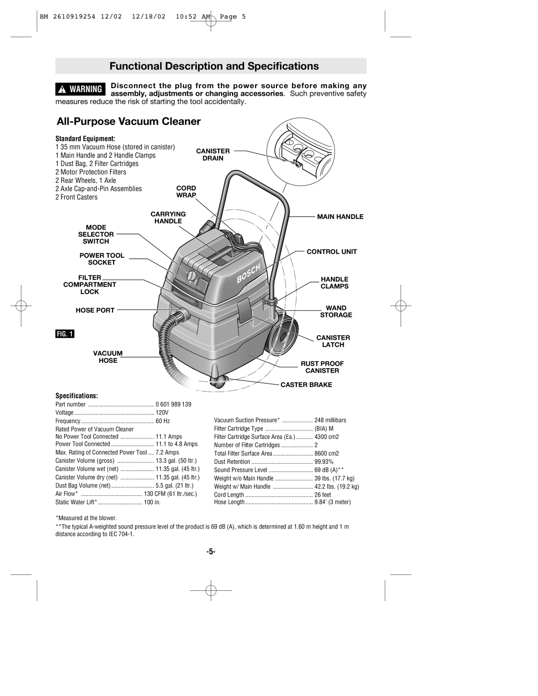 Bosch Appliances 3931 manual Functional Description and Specifications, All-Purpose Vacuum Cleaner, Standard Equipment 