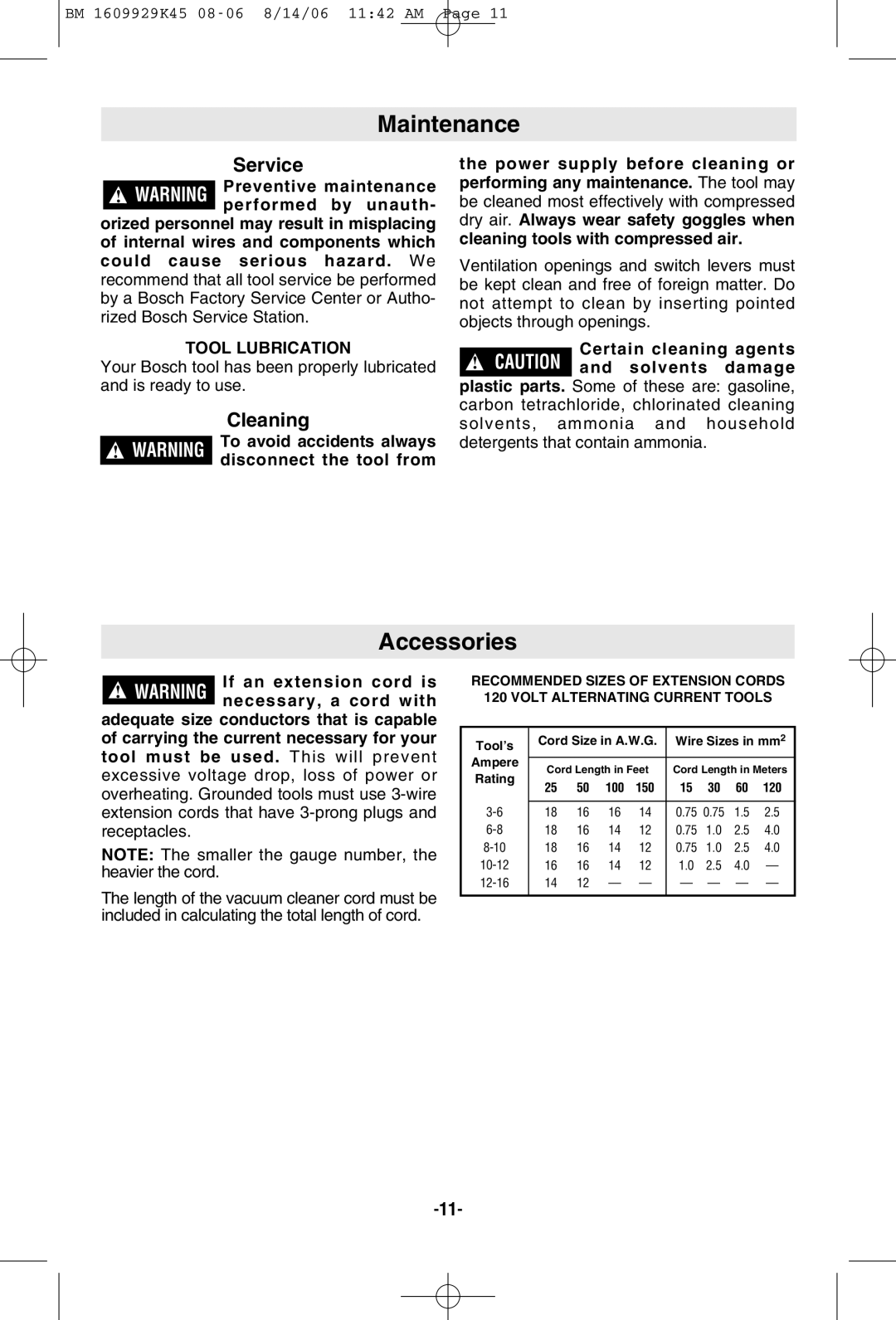 Bosch Appliances 3931A manual Maintenance, Accessories, Cleaning, Tool Lubrication 