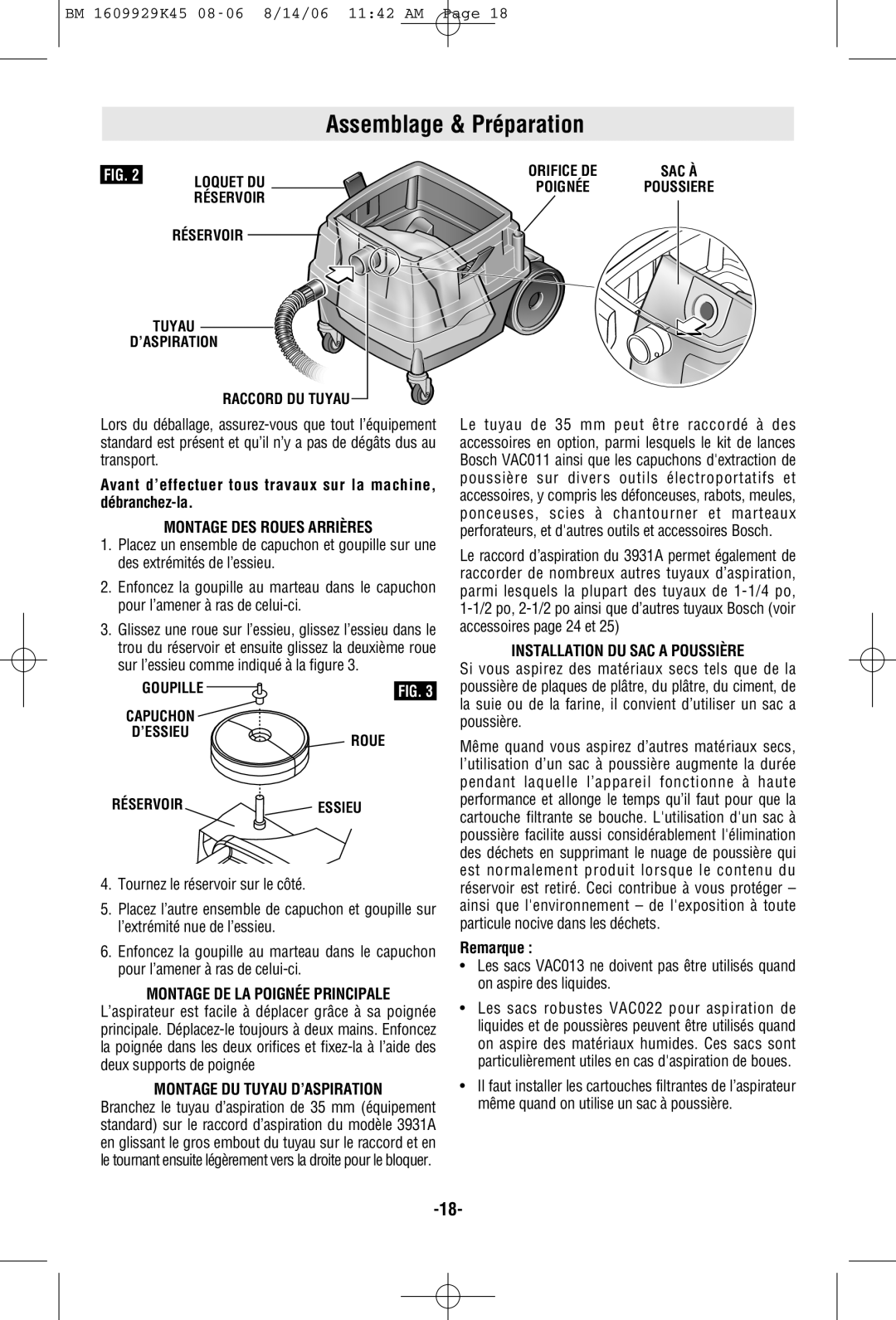 Bosch Appliances 3931A manual Assemblage & Préparation, Montage DES Roues Arrières, Montage DE LA Poignée Principale 