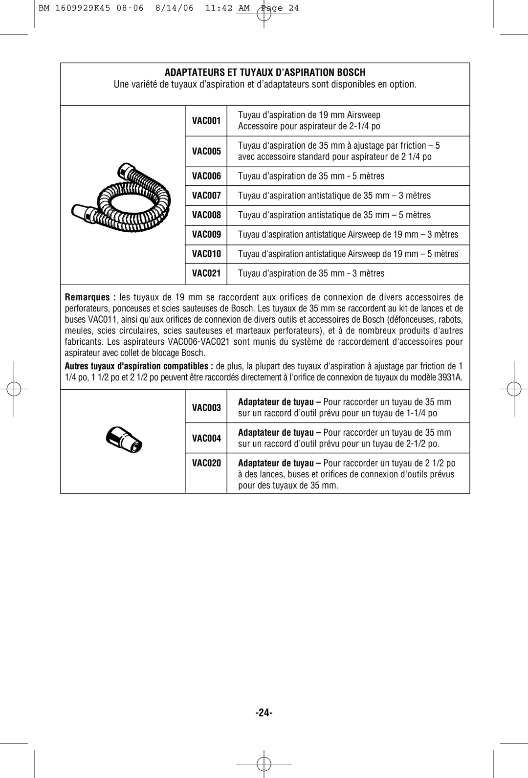 Bosch Appliances 3931A manual Adaptateurs ET Tuyaux D’ASPIRATION Bosch 