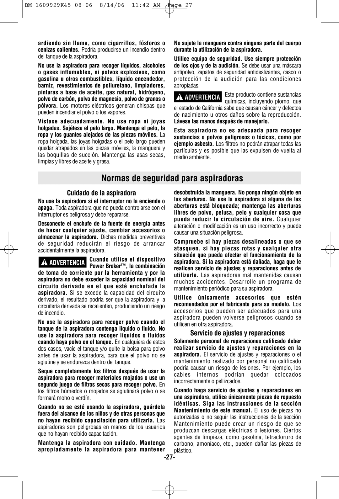 Bosch Appliances 3931A Normas de seguridad para aspiradoras, Cuidado de la aspiradora, Servicio de ajustes y reparaciones 