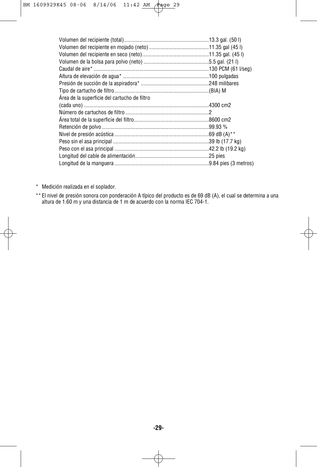 Bosch Appliances 3931A Gal 45 l, Pulgadas, Milibares, Área de la superficie del cartucho de filtro, 99.93 %, 39 lb 17.7 kg 