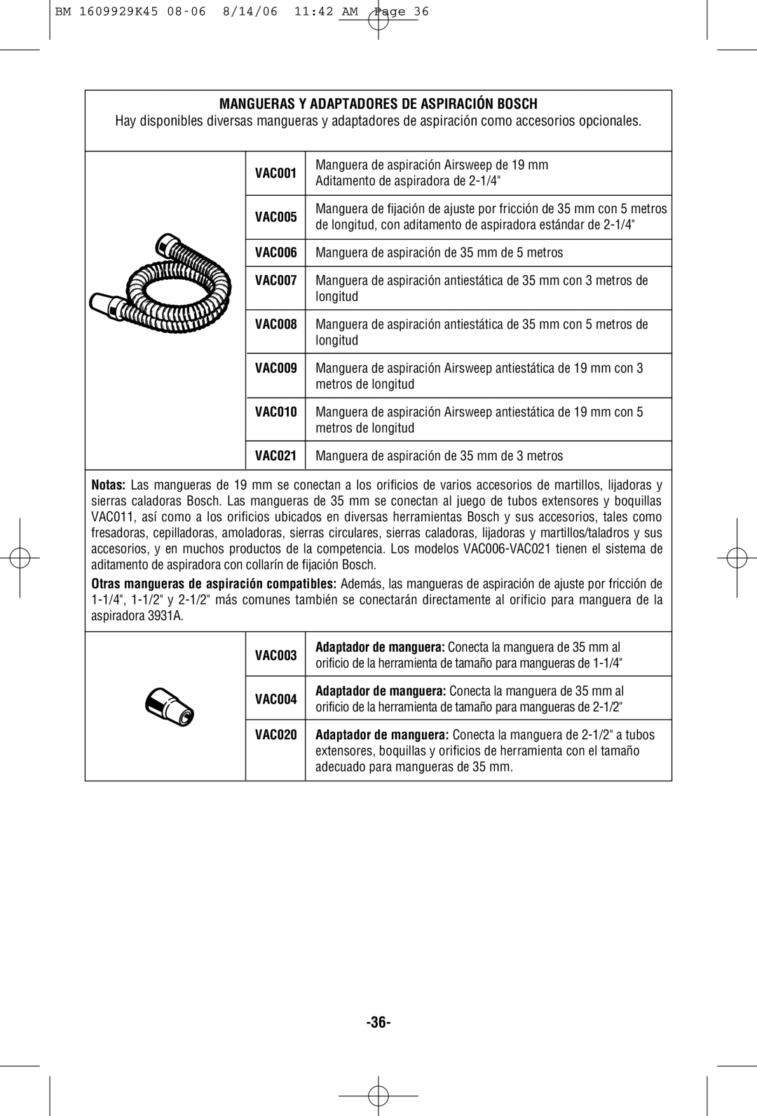 Bosch Appliances 3931A manual Mangueras Y Adaptadores DE Aspiración Bosch 