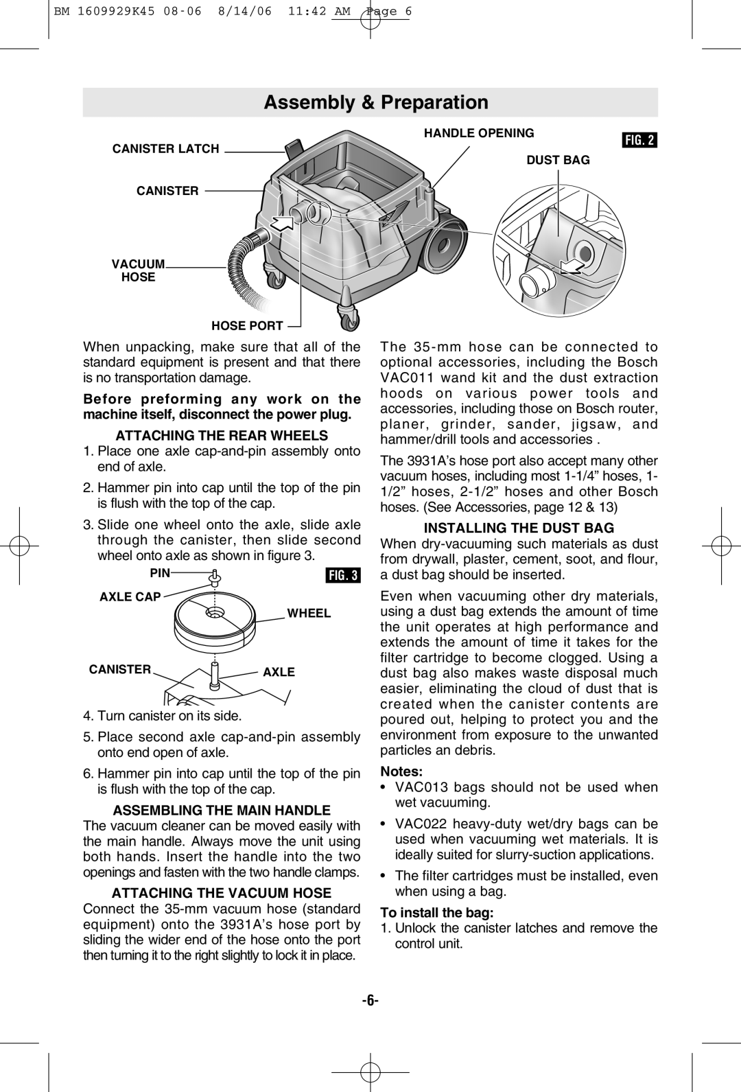 Bosch Appliances 3931A manual Assembly & Preparation, Attaching the Rear Wheels, Assembling the Main Handle 